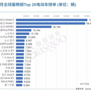 全球Top 20新能源汽车榜单：中国品牌占据12个席位