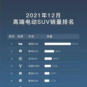 理想ONE跃居榜首 12月国内高端纯电SUV销量榜出炉