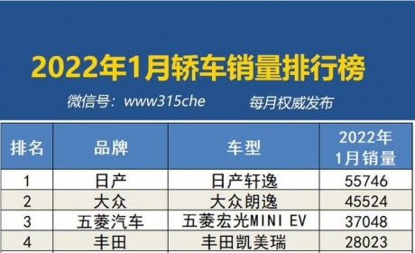 2022年1月国内汽车销量排行榜