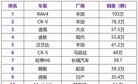 2021全球SUV销量TOP 10，哈弗H6上榜！RAV4第一