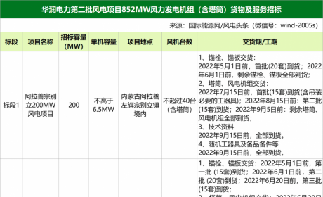 7个标段，要求单机4-6.5MW！华润电力852MW风机（含塔筒）招标