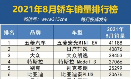 2021年8月国内汽车销量榜