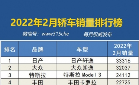 2022年2月国内汽车销量排行