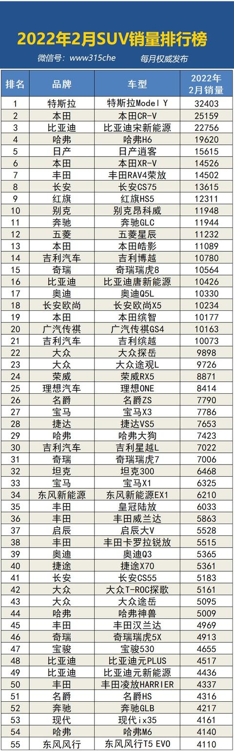 2022年2月国内汽车销量排行