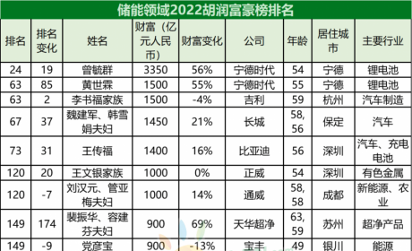 宁德时代曾毓群3350亿位列行业第一！84位储能人物登上2022胡润富豪榜！ ...