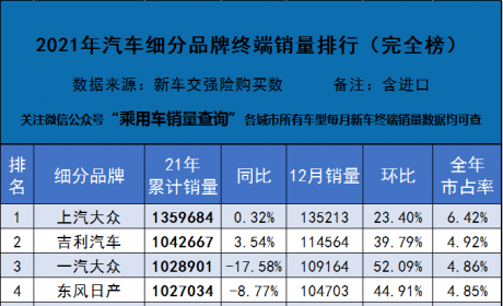 21年全年汽车细分品牌终端销量排行（完全版）