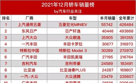 2021年12月及全年轿车/SUV/MPV销量全榜单