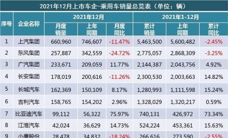 全年销量新鲜出炉，上汽、东风、小康微降，其他企业均不同程度增长 ...