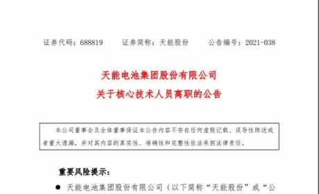 上市不足一年！460亿动力电池龙头发布重要公告，核心技术人员离职