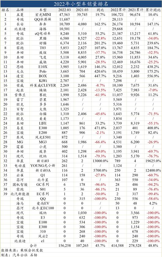 一句话点评3月小型车：如果特斯拉推微型车，能超过五菱宏光吗？