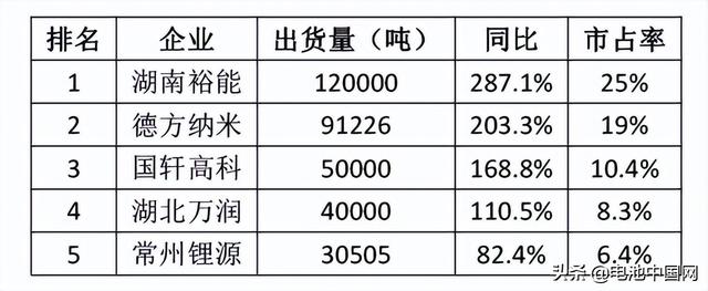 观察丨中国市场磷酸铁锂材料出货量TOP 5