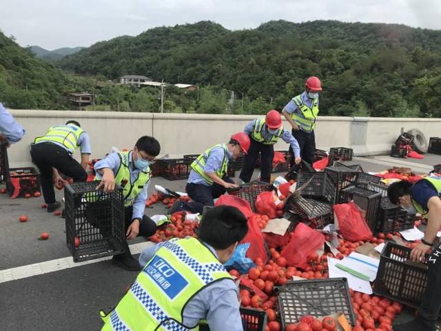 货车侧翻西红柿洒满车道，这些高速人抢时间，帮司机减少损失