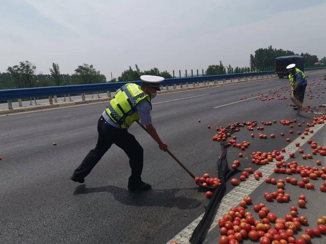 货车侧翻西红柿撒满高速，细心交警让车主感动不已