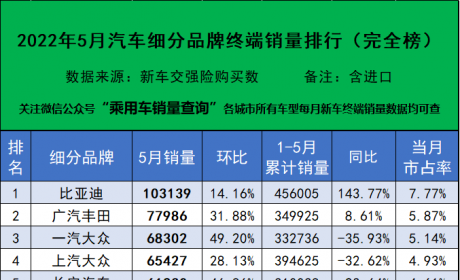 2022年5月汽车细分品牌终端销量排行榜（完全版）出炉 比亚迪再获月度销售冠军 ...