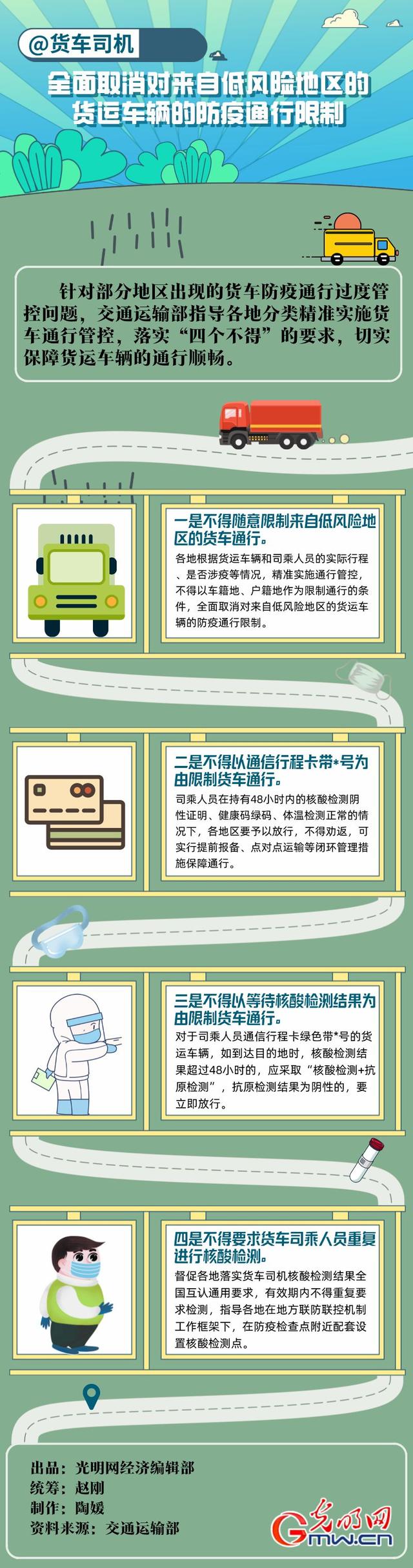 货车司机朋友，来自低风险地区的货运车辆防疫通行限制全面取消