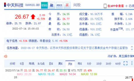 中天科技市值创新高快速从800亿突破900亿 上半年净利增长约7倍