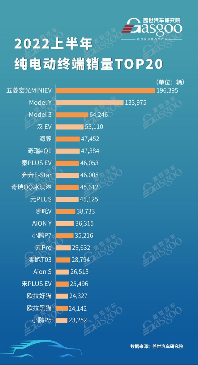 2022上半年纯电车型终端销量TOP20排名