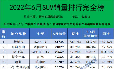 2022年6月我国汽车终端销量排行/总计885个车型（含进口）