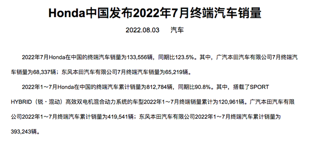 本田中国发布7月销量，市场表现逐渐回升，总计销售约为13.3万台