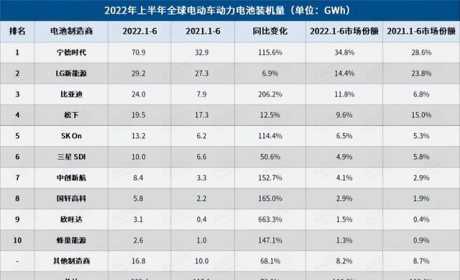 上半年全球电动车电池装机量：比亚迪进前三，宁德时代一家独大？