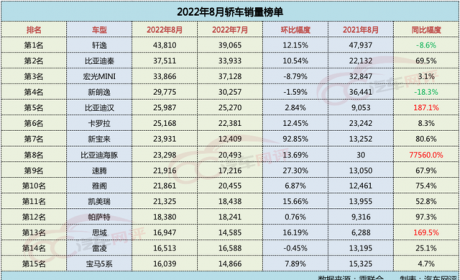 8月轿车销量出炉：比亚迪秦超宏光MINIEV，思域实现双增长