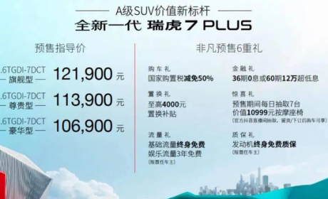 全新一代瑞虎7 PLUS开启预售，造型前卫内饰科技，预售价10.69万起