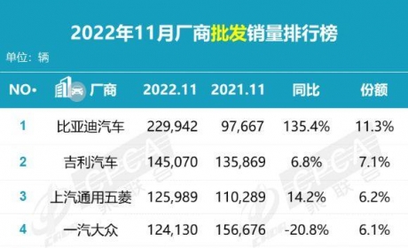 11月汽车厂商销量排名：比亚迪第1，吉利第2，日产和本田跌出榜单