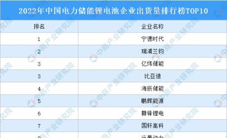 2022年中国电力储能锂电池企业出货量排行榜TOP10