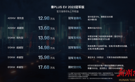 起售价12.98万元，比亚迪秦PLUS EV 2023冠军版来啦