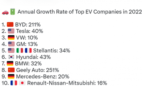 2022年全球电动汽车销量榜前十，特斯拉第二